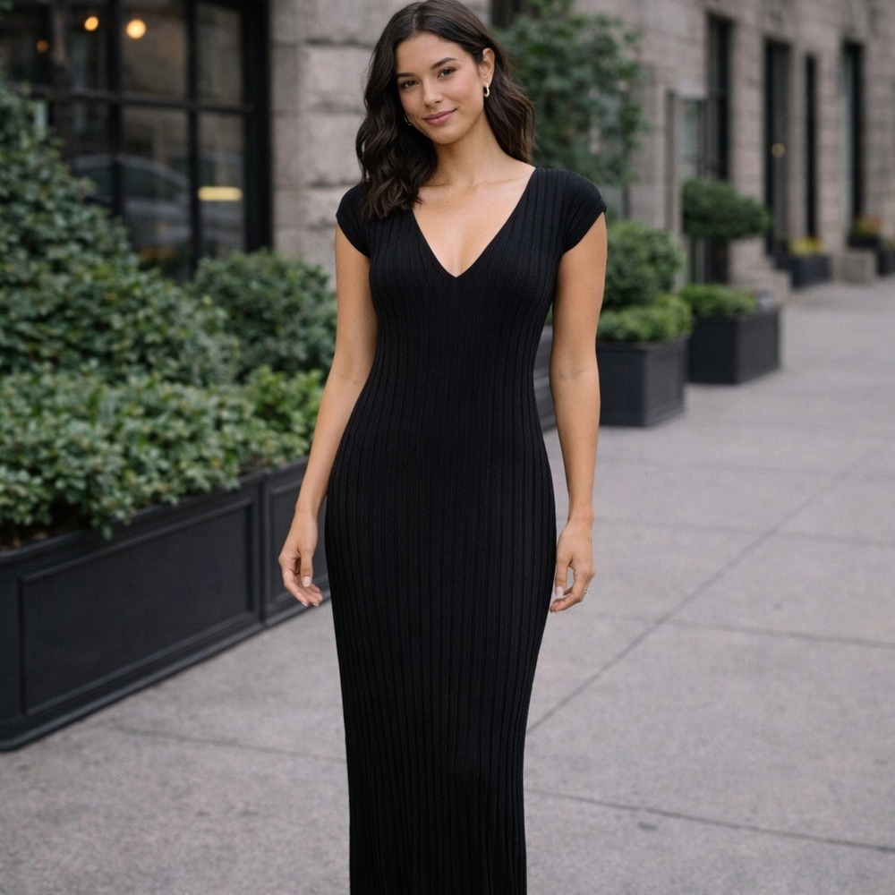 ZARA Black Ribbed V Neck Short Sleeve Midi Sweater Dress